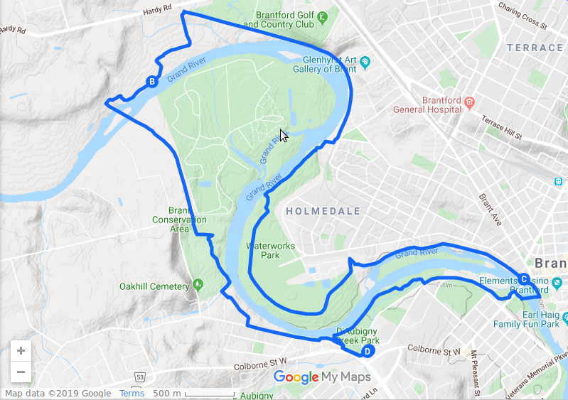 Google Map of Bike Route around a section of the Grand River